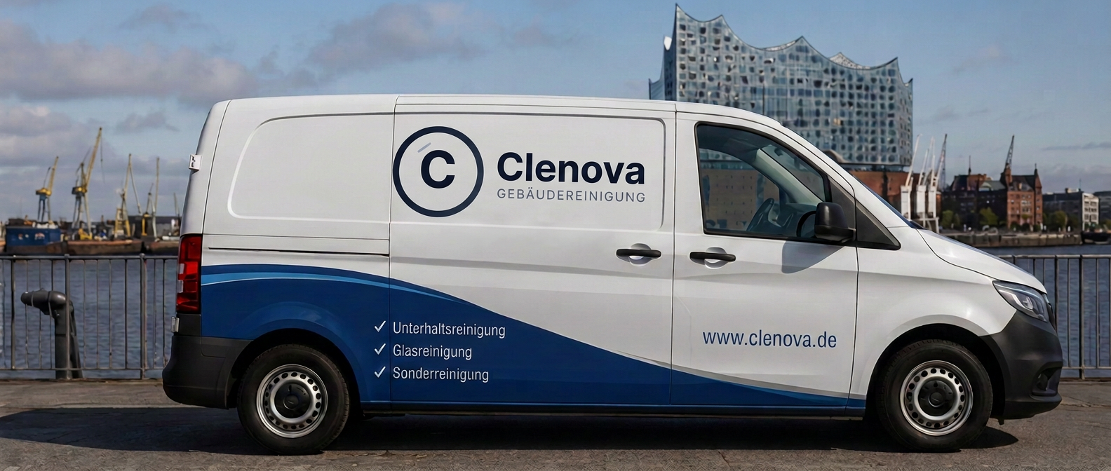 Clenova Firmenfahrzeug vor der Elbphilharmonie in Hamburg